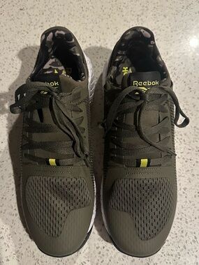 Reebok Men's Olive Green Lace-Up Sneakers with Yellow Accent